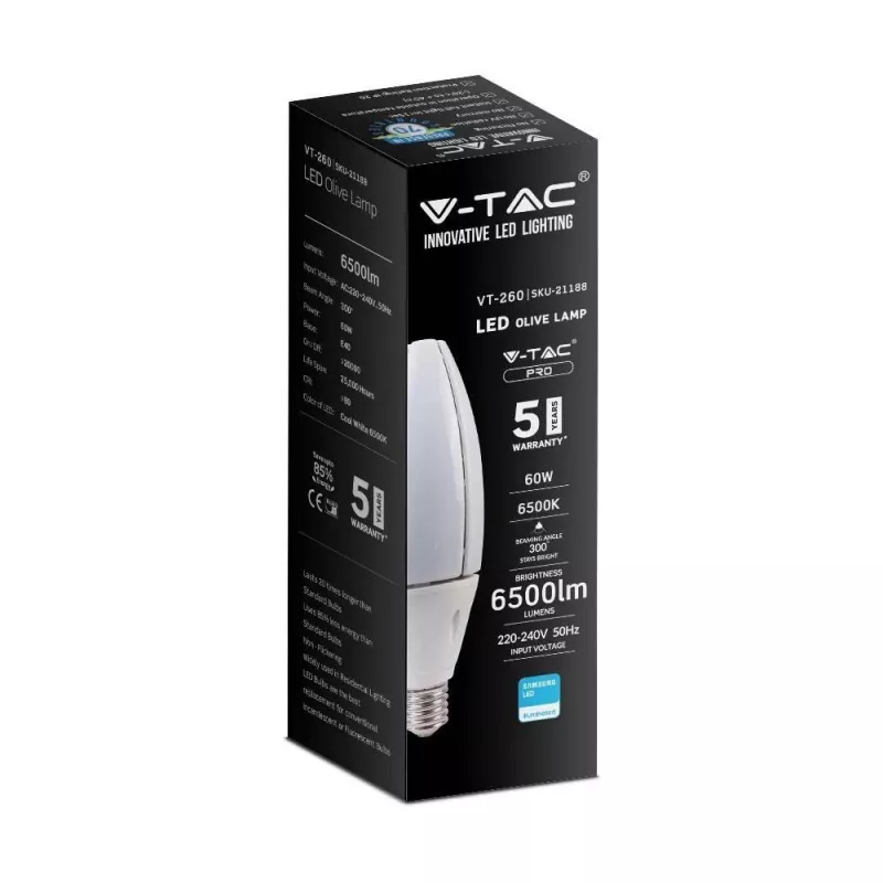 LED lemputė V-TAC VT-260 SAMSUNG CHIP 60W E40 4000K 6500lm (SKU 21187) Balta