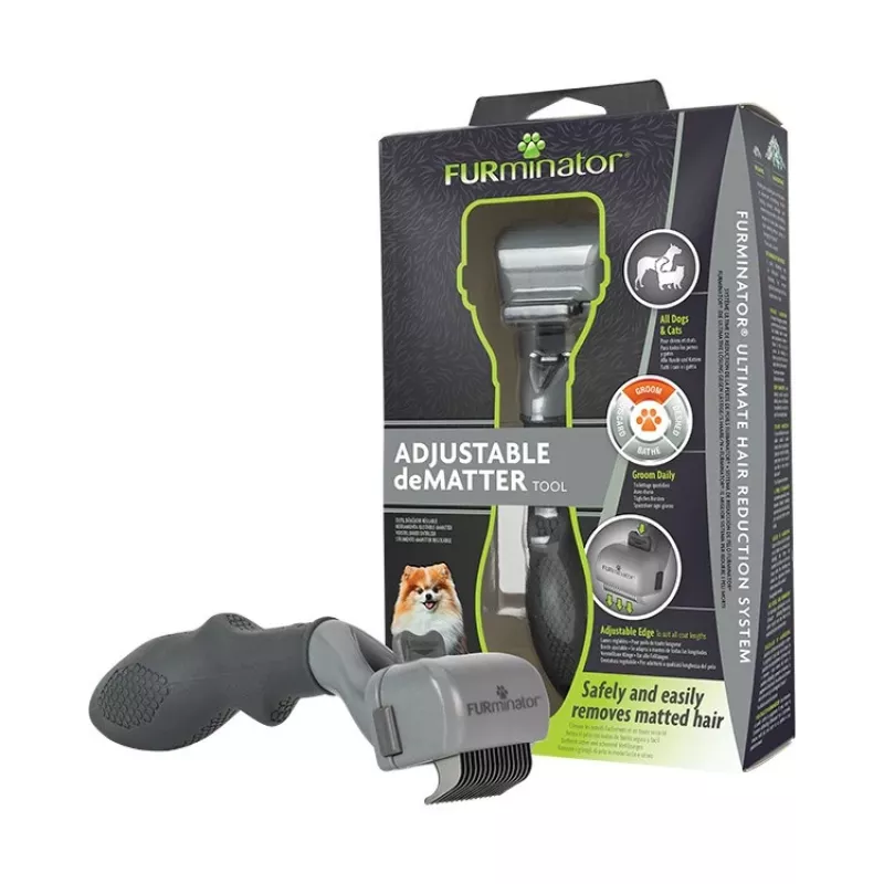 „FURminator Adjustable“ plaukų šalinimo įrankis — katėms ir šunims, nerūdijančio plieno ašmenys, ergonomiška neslystanti rankena, 185 g, visiems kailio tipams