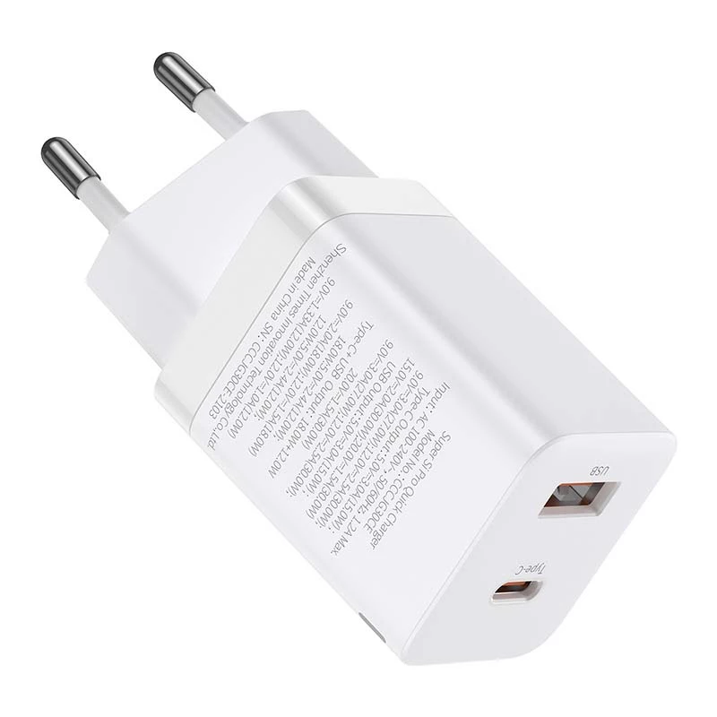 Baseus Super Si Pro greitasis įkroviklis USB + USB-C 30 W (baltas)