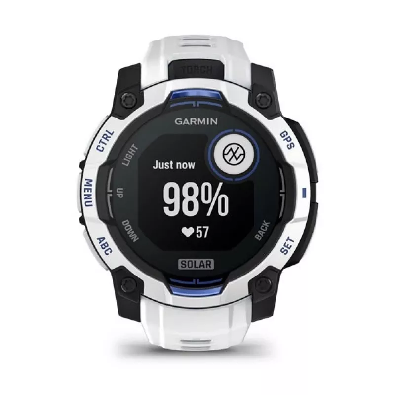 Išmanusis laikrodis GARMIN Instinct 2 45 mm, MIP 0,9 colio (176×176), GPS, saulės energija, silikoninis dirželis mėlynas/baltas