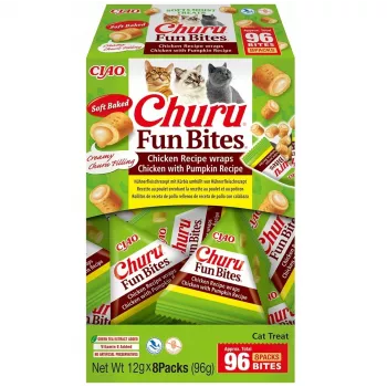 Šlapi kačių skanėstai INABA Churu Fun Bites Vištiena ir Moliūgas 8 x 12 g pasta, baltymai 27,3 %, drėgmė 56 %
