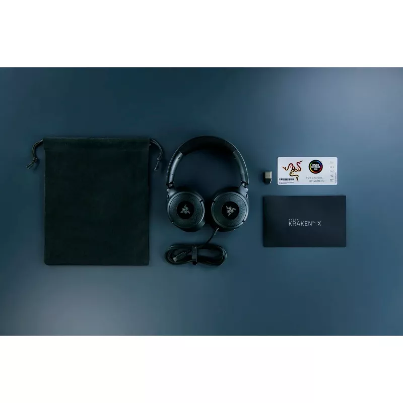 Razer Kraken V4 X – laidinės ausinės žaidimams asmeniniam kompiuteriui (TriForce 40 mm tvarkyklės, įtraukiamas kardioidinis mikrofonas, 7.1 erdvinis garsas, Chroma RGB, skirta PC, konsolėms ir telefonui)