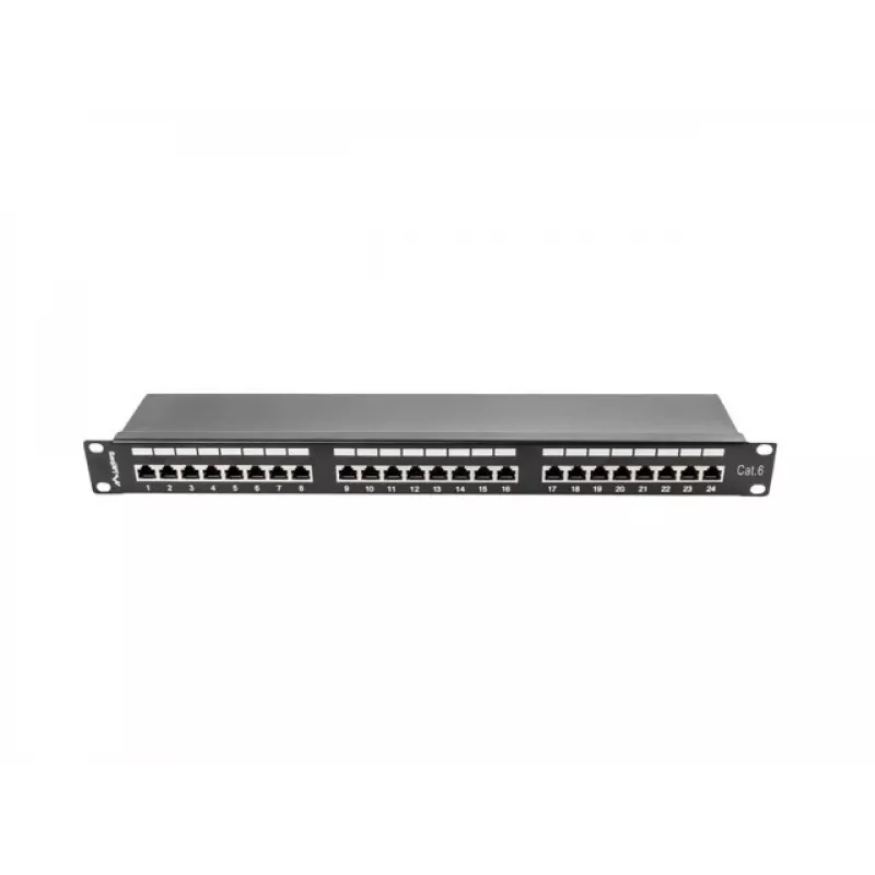 Patch panel 1U LANBERG PPS6-1024-B, 24 prievadų Cat6, metalinis, juodas, 442×114,5×44,5 mm