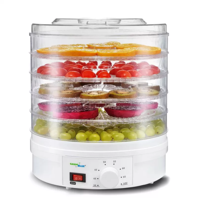 Maisto džiovyklė GreenBlue GB190 su 5 padėklais, 250 W, reguliuojama temperatūra, 32 cm padėklo skersmuo