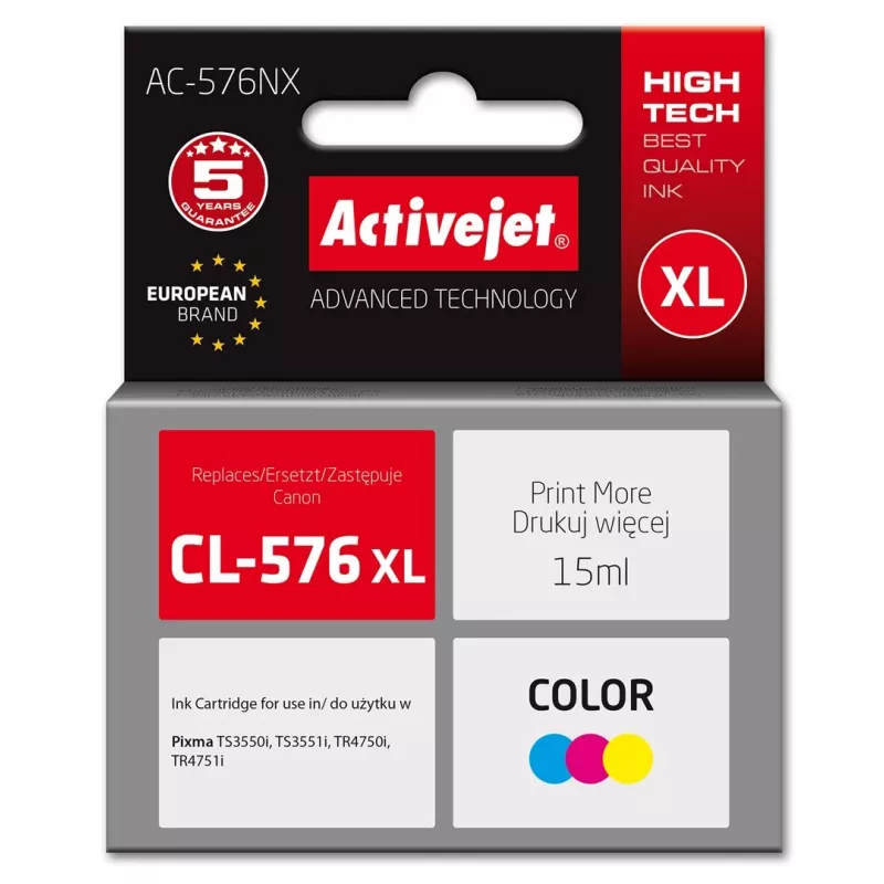 Rašalo kasetė ActiveJet AC-576NX suderinama su Canon CL-576XL didelio našumo (XL), dažų pagrindu, geltona/raudona/mėlyna, 15 ml