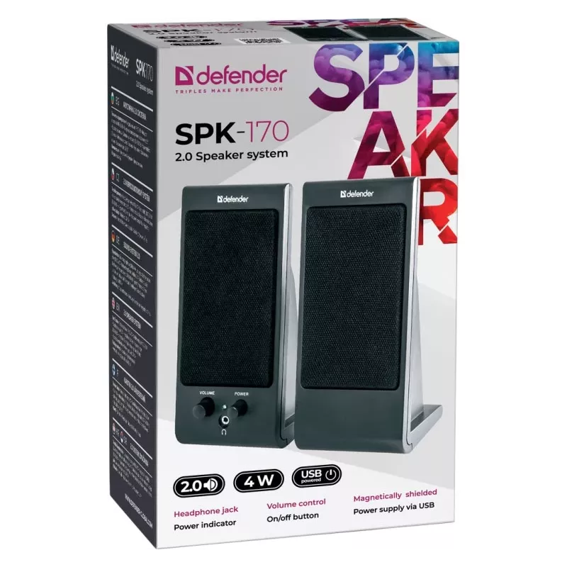 Staliniai / lentyniniai garsiakalbiai DEFENDER SPK-170 2.0, 4 W RMS, laidinis USB 5 V, 3,5 mm, juodi