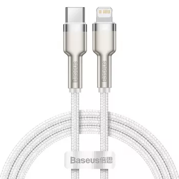 „USB-C“ į „Lightning“ laidas „Baseus Cafule“ 1 m, 20 W, cinko korpusas, baltas