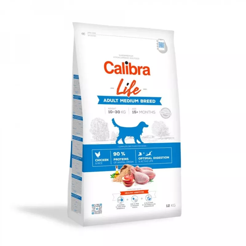 Sausas šunų ėdalas Calibra Life Adult Medium breed Chicken 12 kg — visavertis sausas pašaras suaugusiems vidutinių veislių šunims, 24 % baltymų, 15 % riebalų