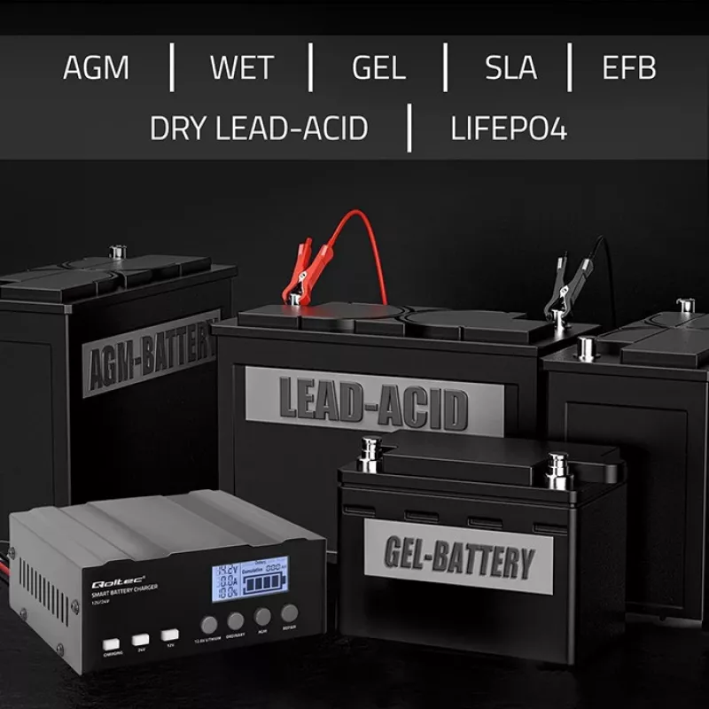 Baterijų įkroviklis QOLTEC 52491 mikroprocesorinis 12V/12.6V/24V su LCD