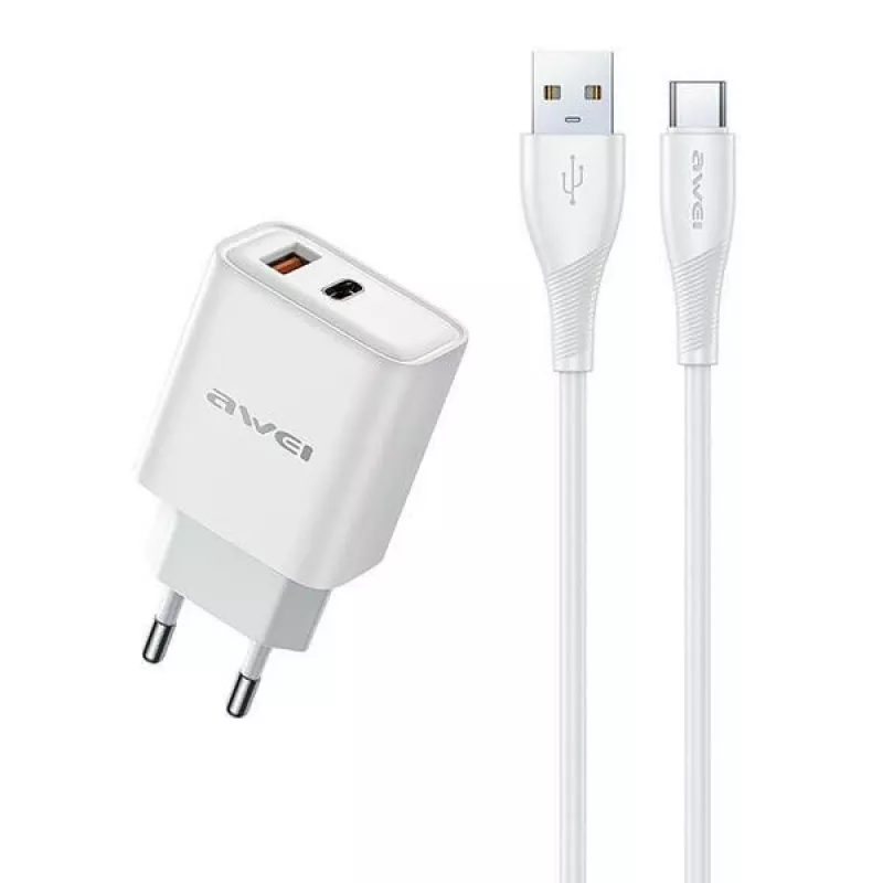 Awei tinklo įkroviklis PD81T-EU 22.5W su USB kabeliu ir USB-C, baltas, GaN