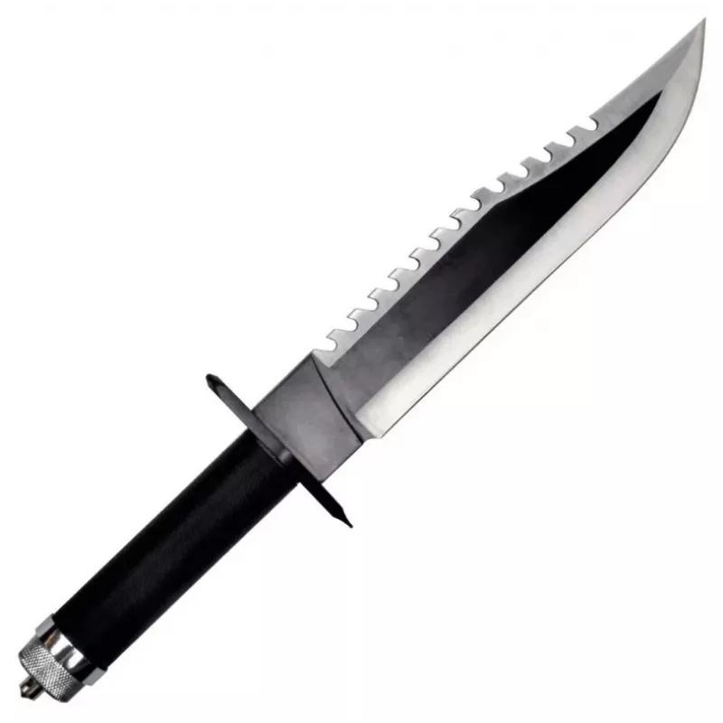 Fiksuotas išgyvenimo peilis cinema classic CC-H2 — 400 mm bendras ilgis, 250 mm plieninė geležtė, lygi ir dantyta, juoda rankena, su odinėmis makštimis