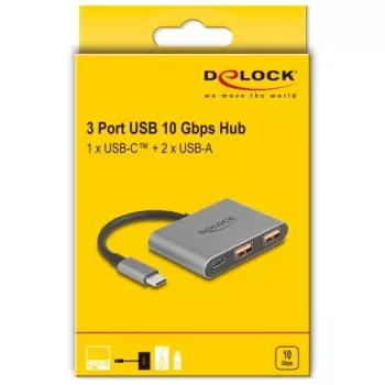 USB šakotuvas DELOCK 64337 — USB 3.2 Gen 2 Type-C priegloba, 3 prievadai (Type-C + 2× Type-A), 10 Gbit/s, pilkas, metalinis korpusas