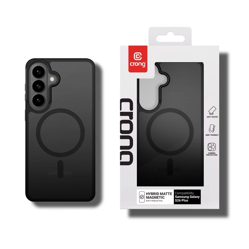 Crong Hybrid Matte Magnetic MagSafe dėklas Samsung Galaxy S26+ — TPU + PC, juoda