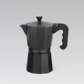 “Moka” kavos virimo aparatas Maestro MR-1666-6-Juoda — rankinis viryklės kavos virimo aparatas, 6 puodeliams, 300 ml, juodo aliuminio