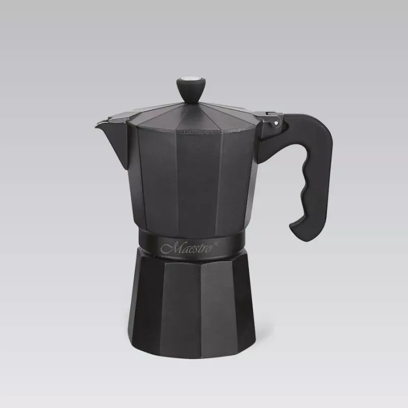 “Moka” kavos virimo aparatas Maestro MR-1666-6-Juoda — rankinis viryklės kavos virimo aparatas, 6 puodeliams, 300 ml, juodo aliuminio