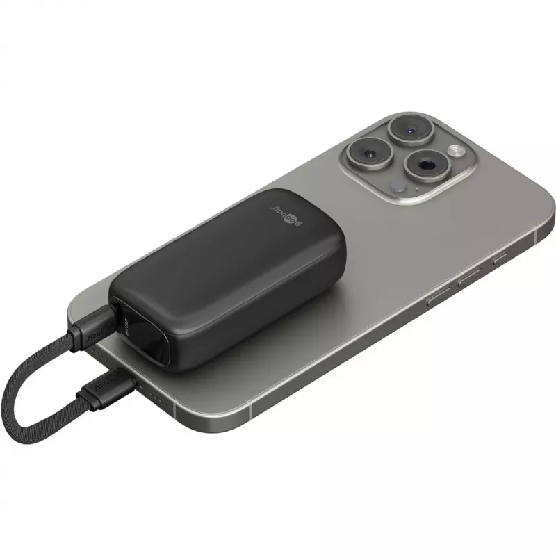 5 000 mAh maitinimo baterija, integruotas USB-C laidas 13 cm, 20 vatų (juoda, 5 Ah, 1x USB-A, 1x USB-C, PD, QC)