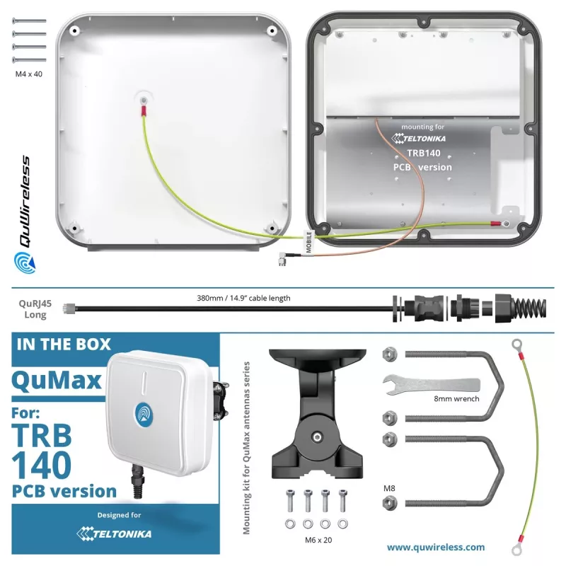 Kryptinė tinklo antena QuWireless QuMax — kryptinė PoE/LAN antena 0,694–2,7 GHz, iki 6 dBi, balta