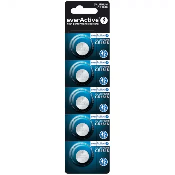 Monetinis elementas everActive CR1616 3V, 50 mAh, 16 mm — pakuotėje 5 vnt.