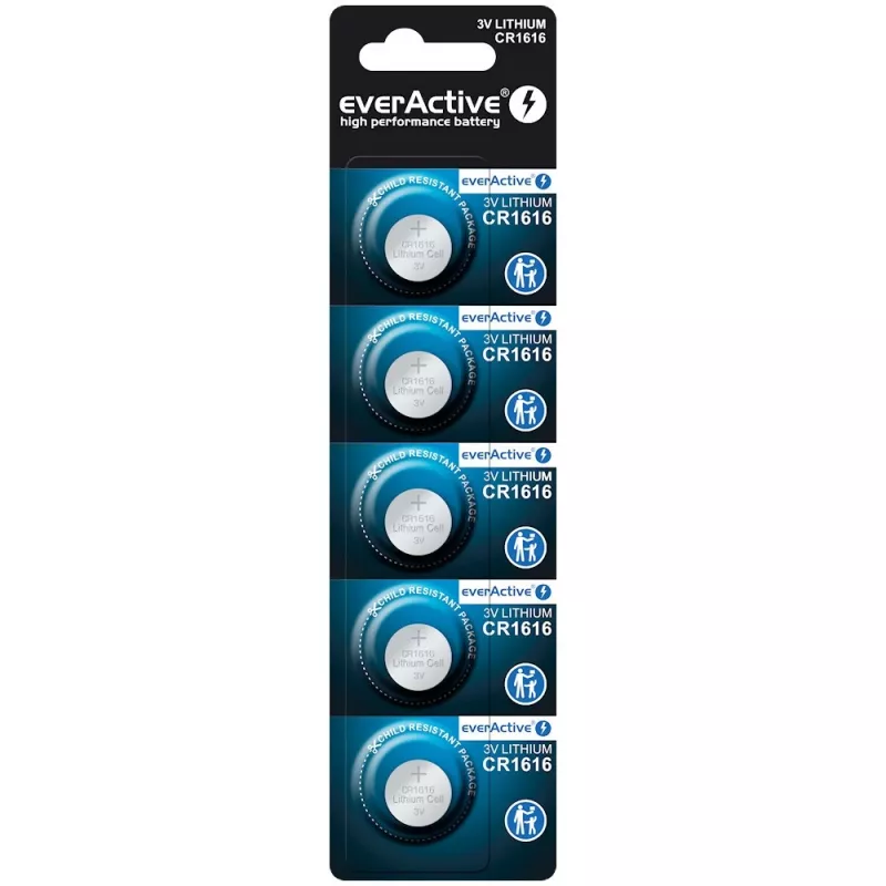 Monetinis elementas everActive CR1616 3V, 50 mAh, 16 mm — pakuotėje 5 vnt.