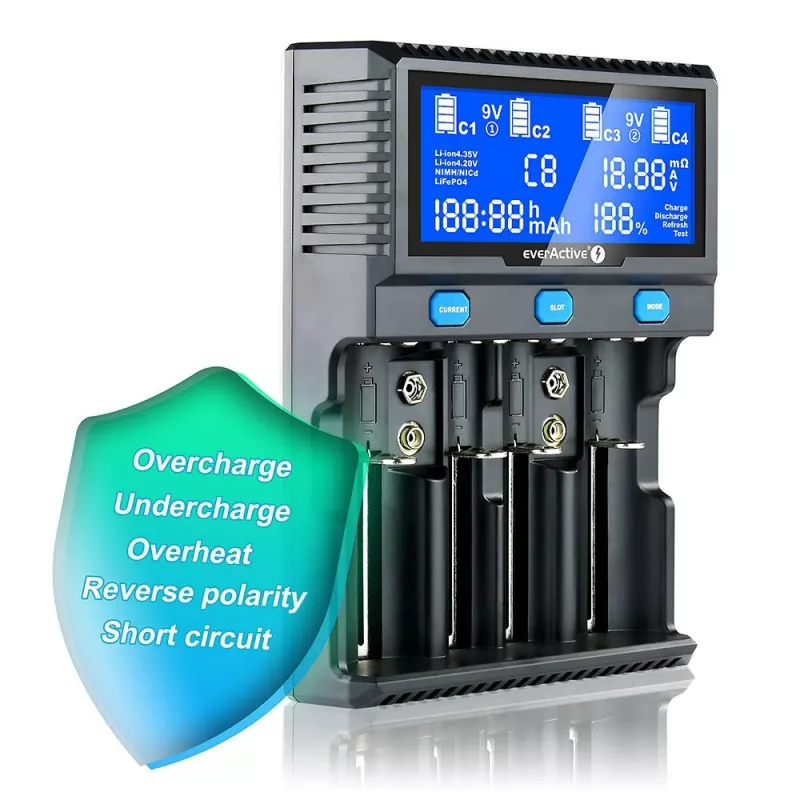everActive UC-4200 Universalus kintamosios srovės baterijų įkroviklis 12V 3A, palaiko AA/AAA/C/9V, 4 elementai, juodas, įmontuotas ekranas