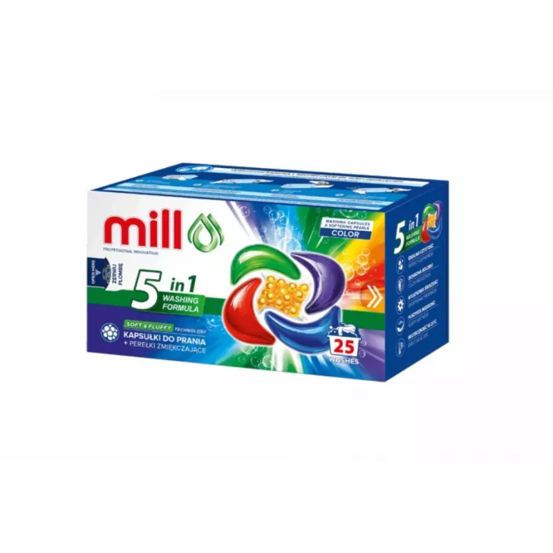 MILL PRO 5k skalbimo kapsulės + COLOR minkštinimo karoliukai, 25 vnt.