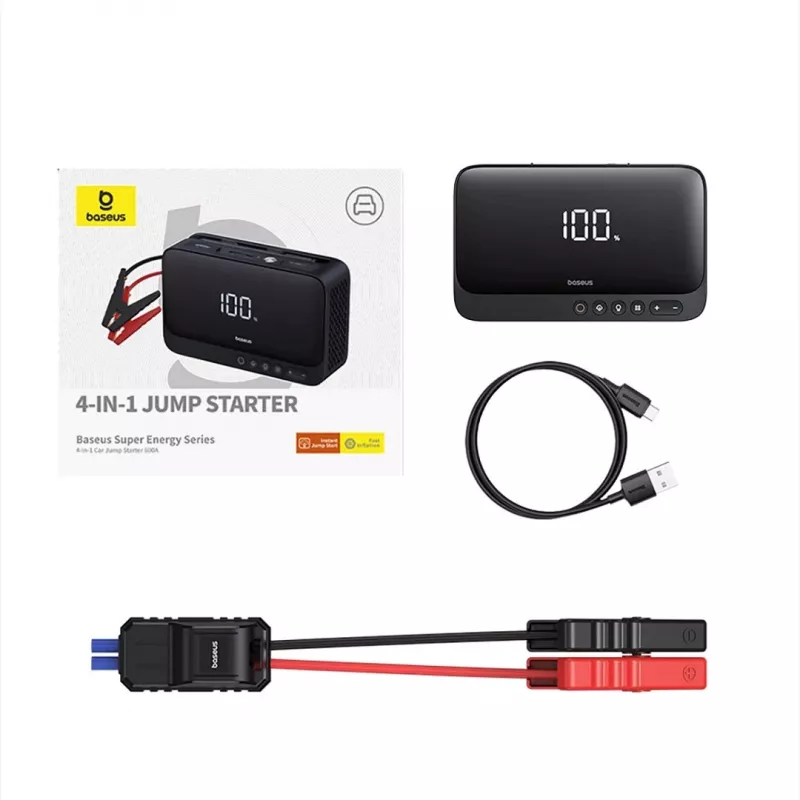 Nešiojamasis įkroviklis Baseus Super Energy 6000 mAh — akumuliatoriaus stiprintuvas, LiPo 6000 mAh, 300 A paleidimo srovė, 150 PSI, įmontuotas ekranas ir žibintuvėlis, USB-C + USB-A, juoda
