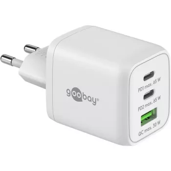 USB-C Fast Charger Nano, PD, GaN, 65 vatų (balta, 1x USB-A, 2x USB-C PD, Charge 3.0)