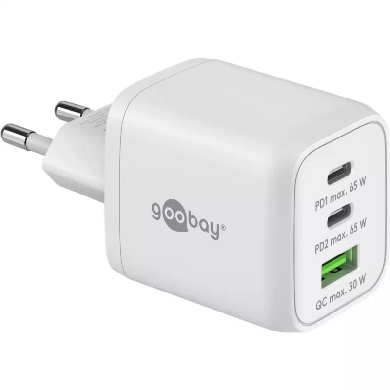 USB-C Fast Charger Nano, PD, GaN, 65 vatų (balta, 1x USB-A, 2x USB-C PD, Charge 3.0)