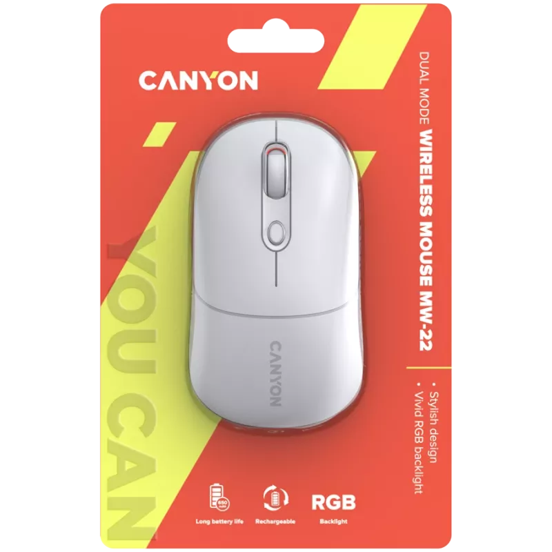 Canyon MW-22 CNS-CMSW22SW pelė – 2 viename Bluetooth/2,4 GHz – optinė – 800/1200/1600 DPI – 4 mygtukai – RGB apšvietimas – įkraunama – sniego balta
