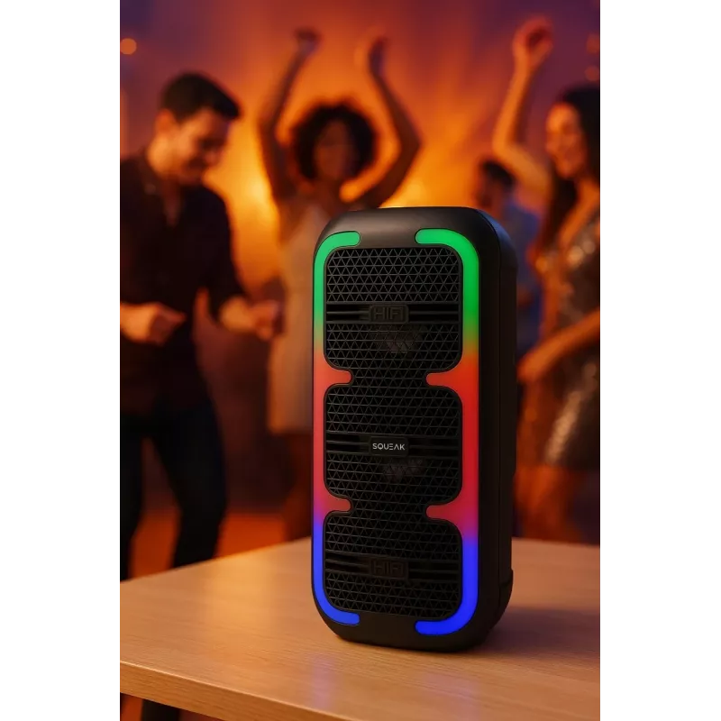 Nešiojamas stereofoninis garsiakalbis SQUEAK SQ1009 — Bluetooth 5.3, 45 W RMS, 10 val. baterija, FM, USB, AUX, LED, 1800 mAh, juodas