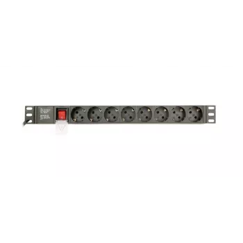 Maitinimo paskirstymo įrenginys GEMBIRD EG-PDU-014-C14, 8 kintamosios srovės lizdai, C14 įvestis, 3 m laidas, 1U, 3680 W, 10 A, aliuminis, juodas