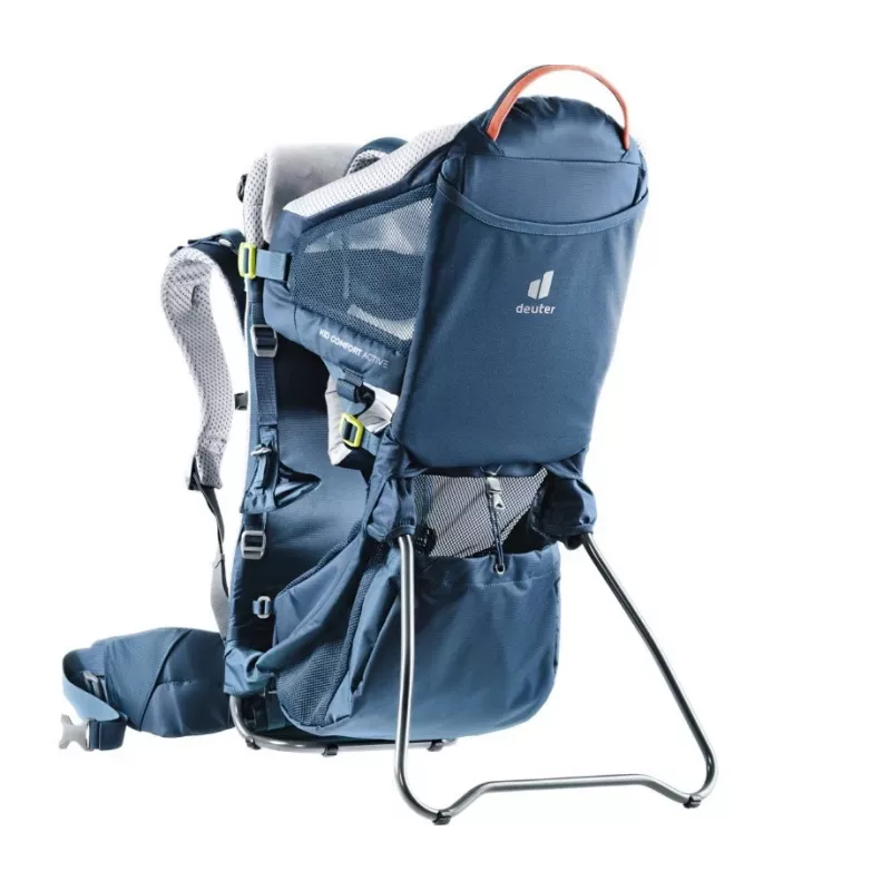 Vaikiška nešynė kuprinė DEUTER Kid Comfort Active — mėlyna, poliamidas, iki 22 kg, skėtis nuo saulės, kojų atrama, VariQuick, Lite Air