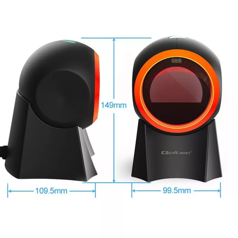 Laidinis stalinis brūkšninių kodų skaitytuvas QOLTEC 50857 — 1D/2D, USB, ABS korpusas, juodas, 1,75 m laidas