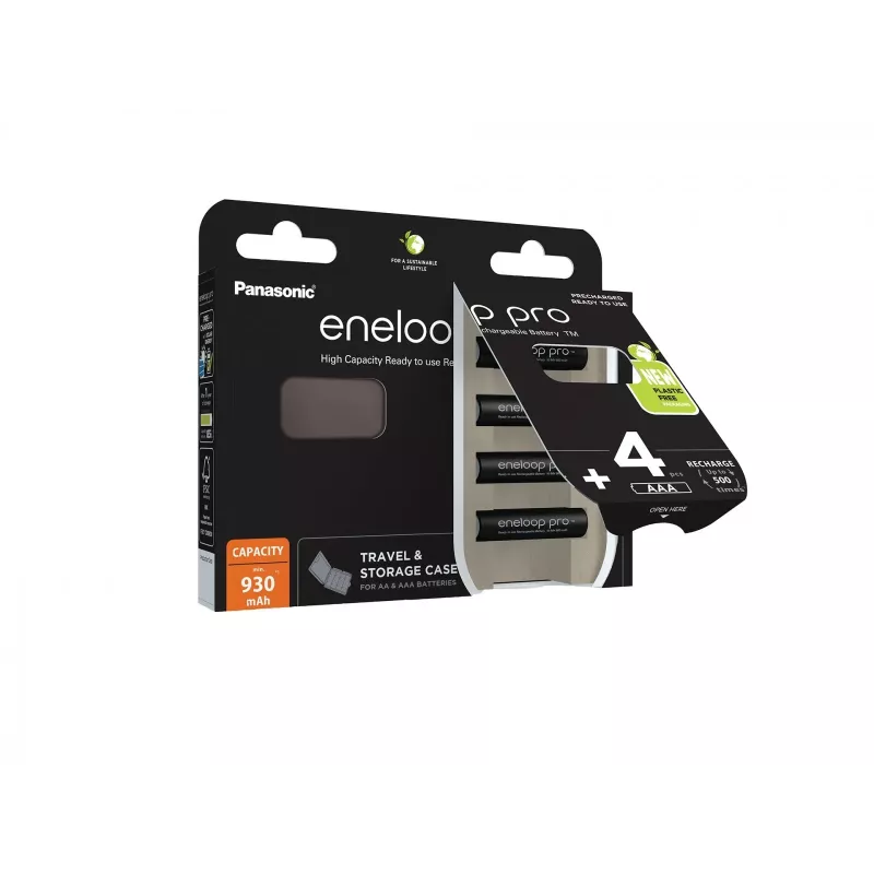 Įkraunamos baterijos PANASONIC ENELOOP PRO AAA 930 mAh 4 vnt. + dėklas (BK-4HCDE/4CP+CASE)