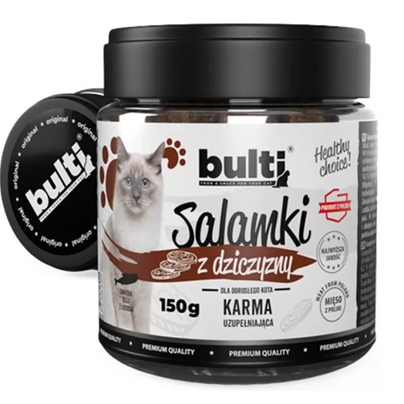 Kačių skanėstai BULT elniena 150 g — vieno skonio minkšti mėsiniai užkandžiai suaugusioms katėms, be grūdų