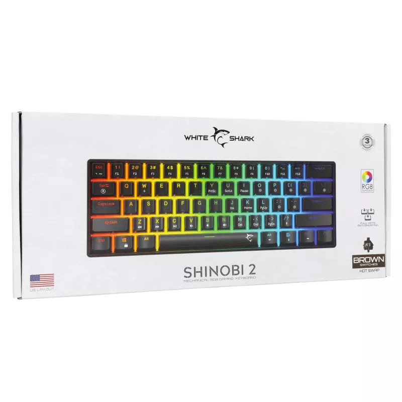 Mechaninė klaviatūra White Shark Shinobi-2 Juoda US layout su Brown jungikliais