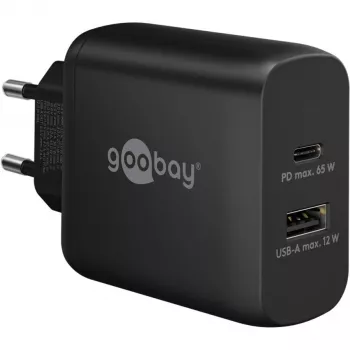 USB-C dvigubas greitasis įkroviklis, PD, GaN, 65 W (juodas, 1x USB-C, 1x USB-A, maitinimo tiekimas)