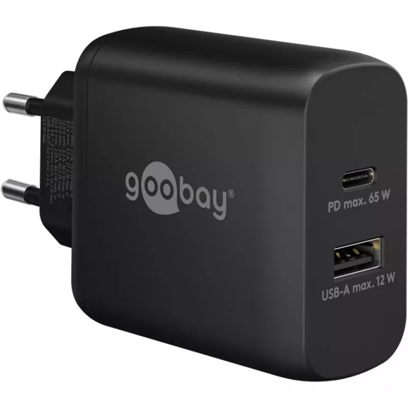 USB-C dvigubas greitasis įkroviklis, PD, GaN, 65 W (juodas, 1x USB-C, 1x USB-A, maitinimo tiekimas)