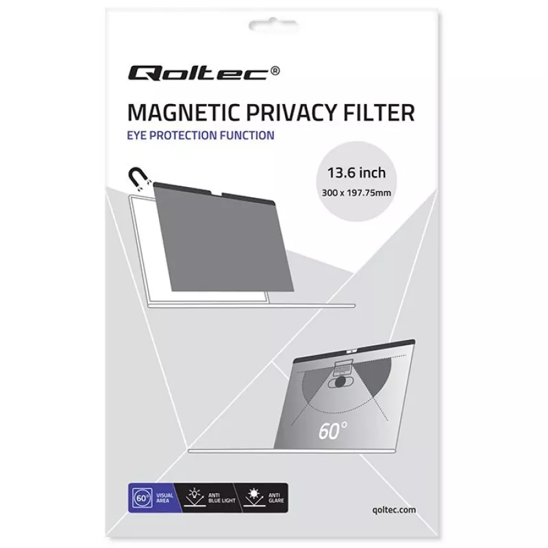 Qoltec Filtro Privatumo GDPR, skirtas MacBook Air 13 inch 6 Magnetinis Akių Apsaugai (13.60, 16:9), Apsauginė Plėvelė Nešiojamam Kompiuteriui