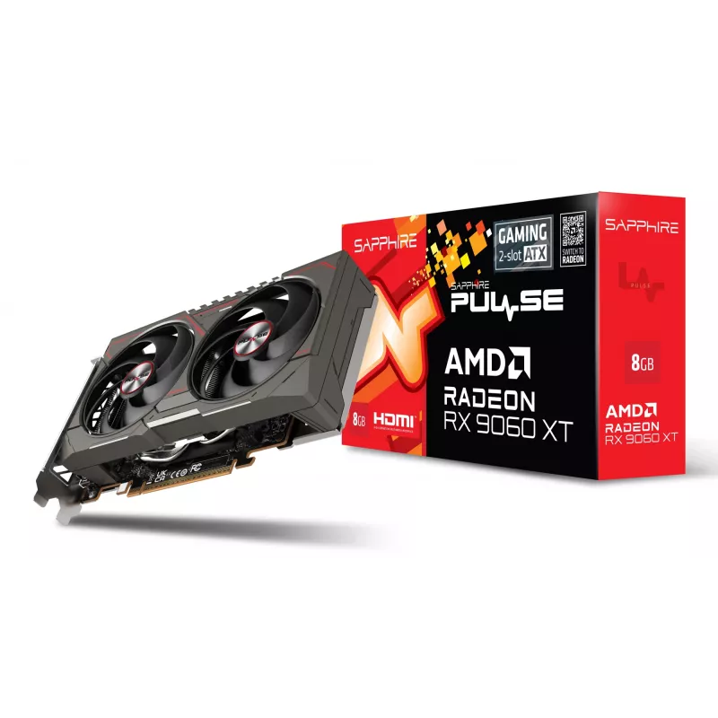 Vaizdo plokštė Sapphire Radeon RX 9060 XT — 8 GB GDDR6, 128 bitų, PCIe x16 5.0, dviejų ventiliatorių aušinimas