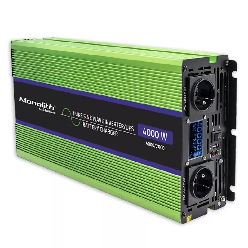Qoltec Monolith įtampos keitiklis | Baterijos įkrovimas | UPS | 2000W | 4000W | 12V į 230V | Grynas sinusas | LCD juodai žalias