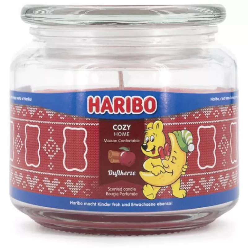 Vaškinė žvakė Haribo A2203 — apvali, obuolių ir cinamono kvapo, raudona, 100 mm aukščio, 100 mm skersmens, 300 g, stiklinis laikiklis