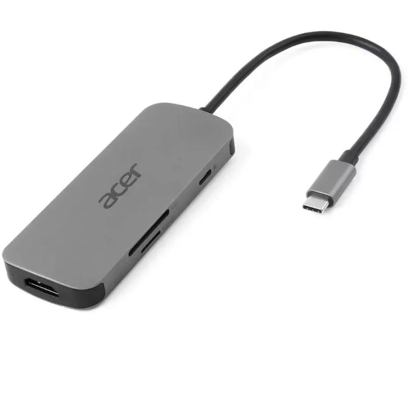 7‑in‑1 USB‑C Dongle Acer — USB 3.2 Gen 1 Type‑C, 3x USB‑A, HDMI, SD/MicroSD, 100 W PD, sidabrinis