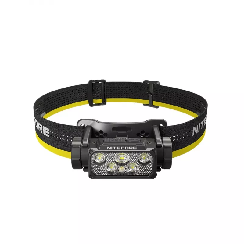 Ant galvos tvirtinamas žibintuvėlis Nitecore HC60 UHE su 4000 mAh baterija, 6 šviesos diodai, atsparus vandeniui, atsparus smūgiams, juoda/geltona