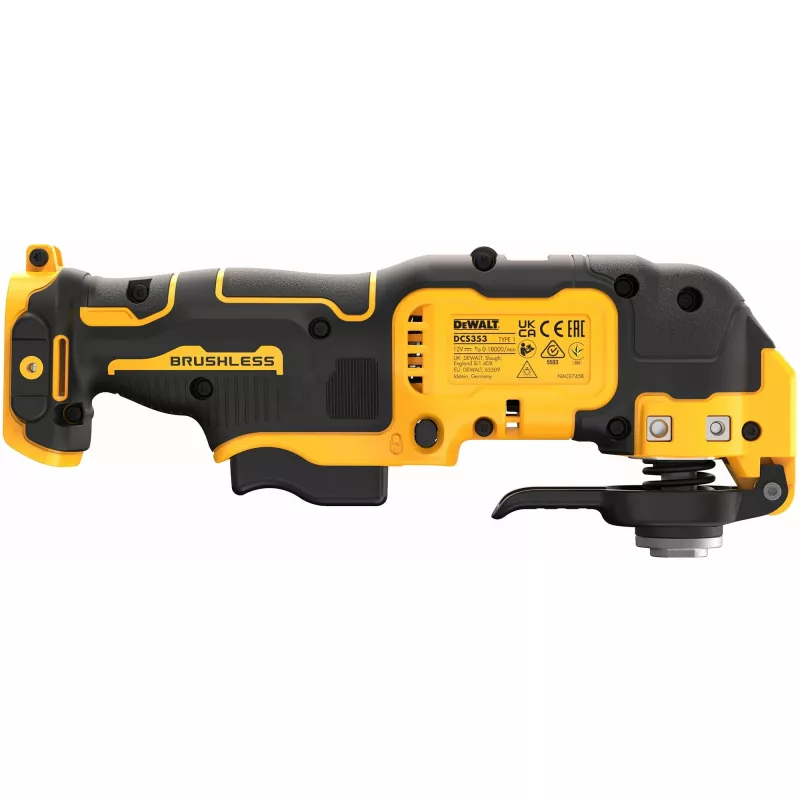 Osciliuojantis daugiafunkcis įrankis DeWalt DCS353NT-XJ, be šepetėlių, belaidis, 12 W, 840 g, juoda/geltona