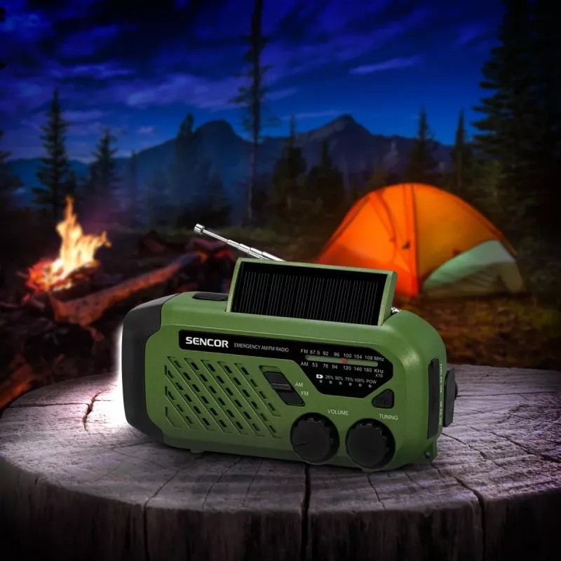 Nešiojamasis FM/AM radijas SENCOR SRD1000SCLGR su Bluetooth, įkrovimas saulės energija/rankine dinama/USB-C, 2000mAh baterija, IPX4, LED lemputės