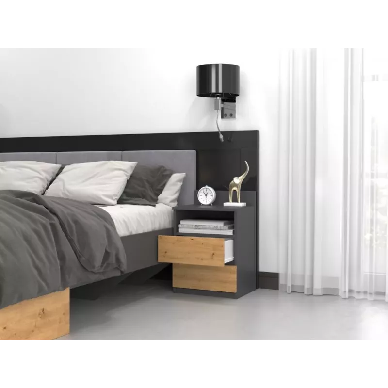 Naktinis staliukas top e shop M1 ANTRACYT/ARTISAN, ąžuolas, 2 stalčiai, 400×320×590 mm