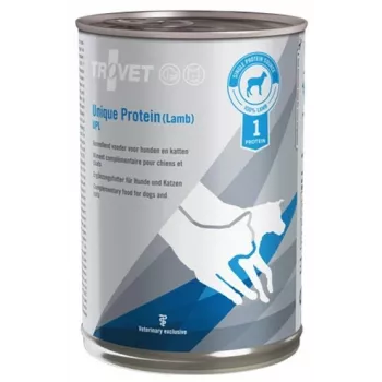 Šlapia vieno baltymo veterinarinė dieta TROVET Unique Protein UPL ėriena 400 g — ėrienos skonis, 82% drėgmės, 8,5% baltymų, 5% riebalų