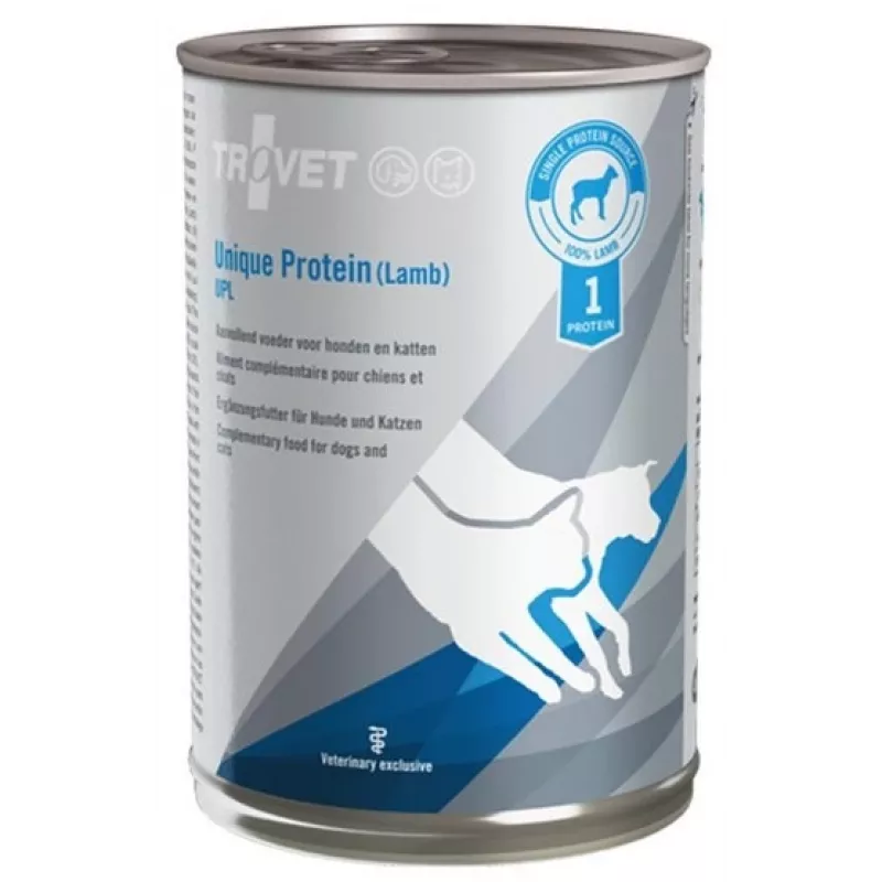 Šlapia vieno baltymo veterinarinė dieta TROVET Unique Protein UPL ėriena 400 g — ėrienos skonis, 82% drėgmės, 8,5% baltymų, 5% riebalų