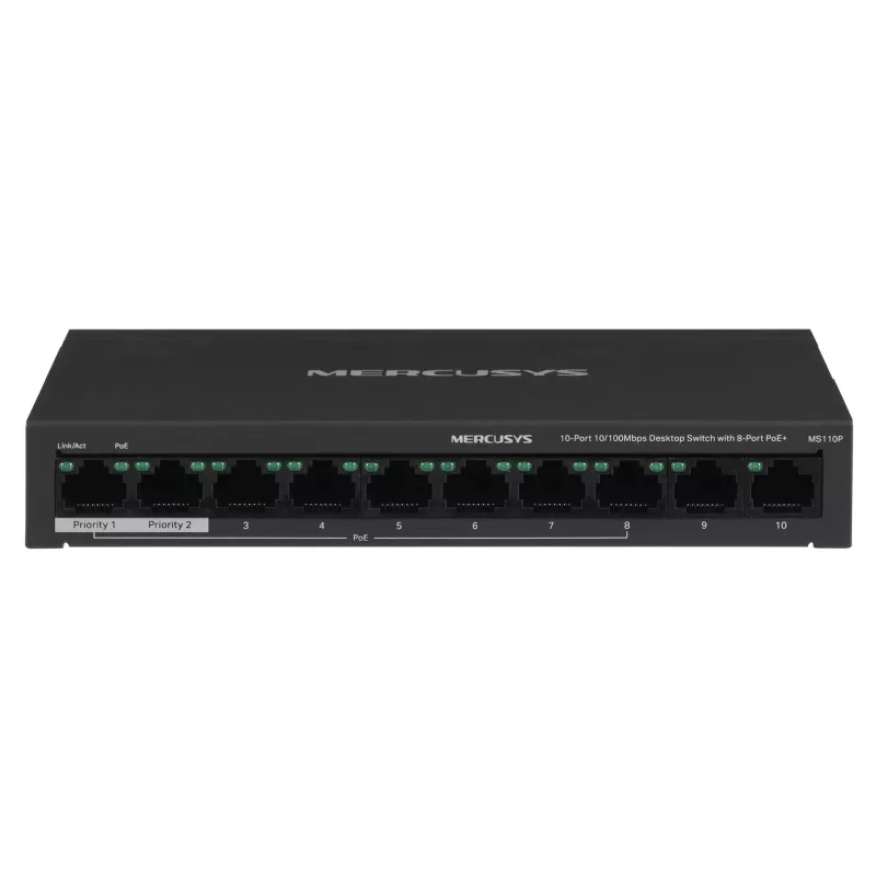 Switch Mercusys MS110P 10 Portų 10/100Mbps POE+ 8 Prievadai (1.0 versija)